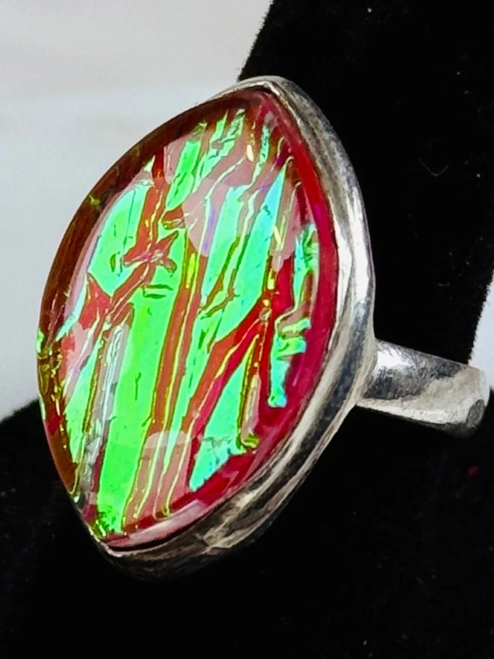 Interesting Silvertone orange green statement ring with 925 silver overlay sz 8